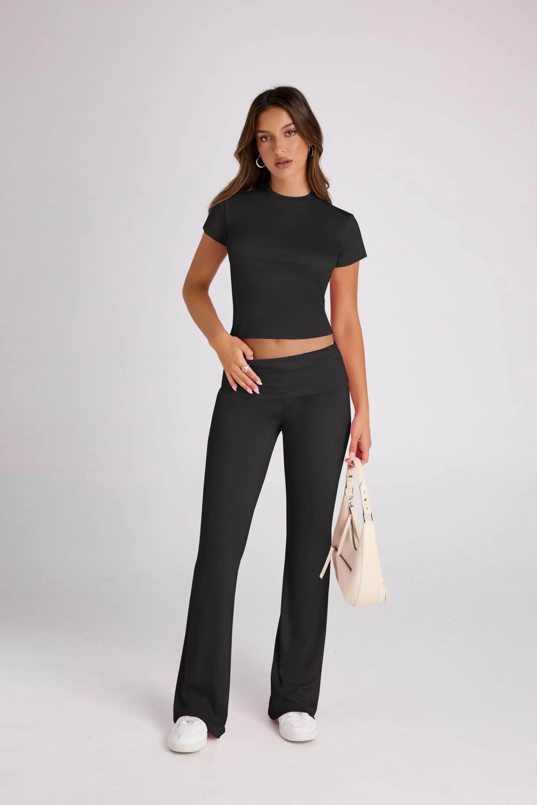 Ivicoer Women's Two Piece Outfit Basic Short Sleeve Crop Top and Low Rise Flare Pants Set High Waisted Pants Lounge 2 Piece Yoga Tracksuit Women Outfits Black M