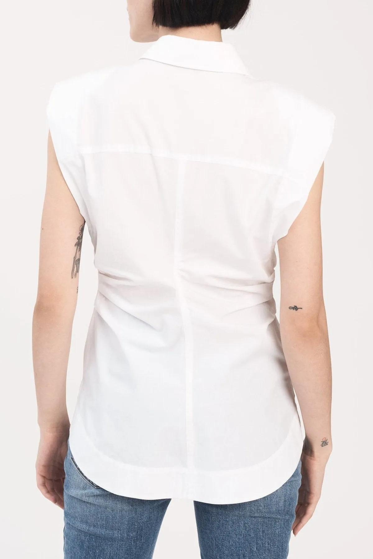 Ivy Sleeveless Ruched Button Down Shirt in White