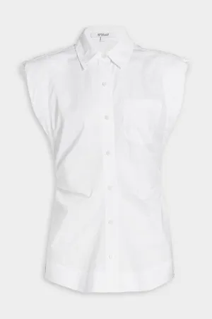 Ivy Sleeveless Ruched Button Down Shirt in White