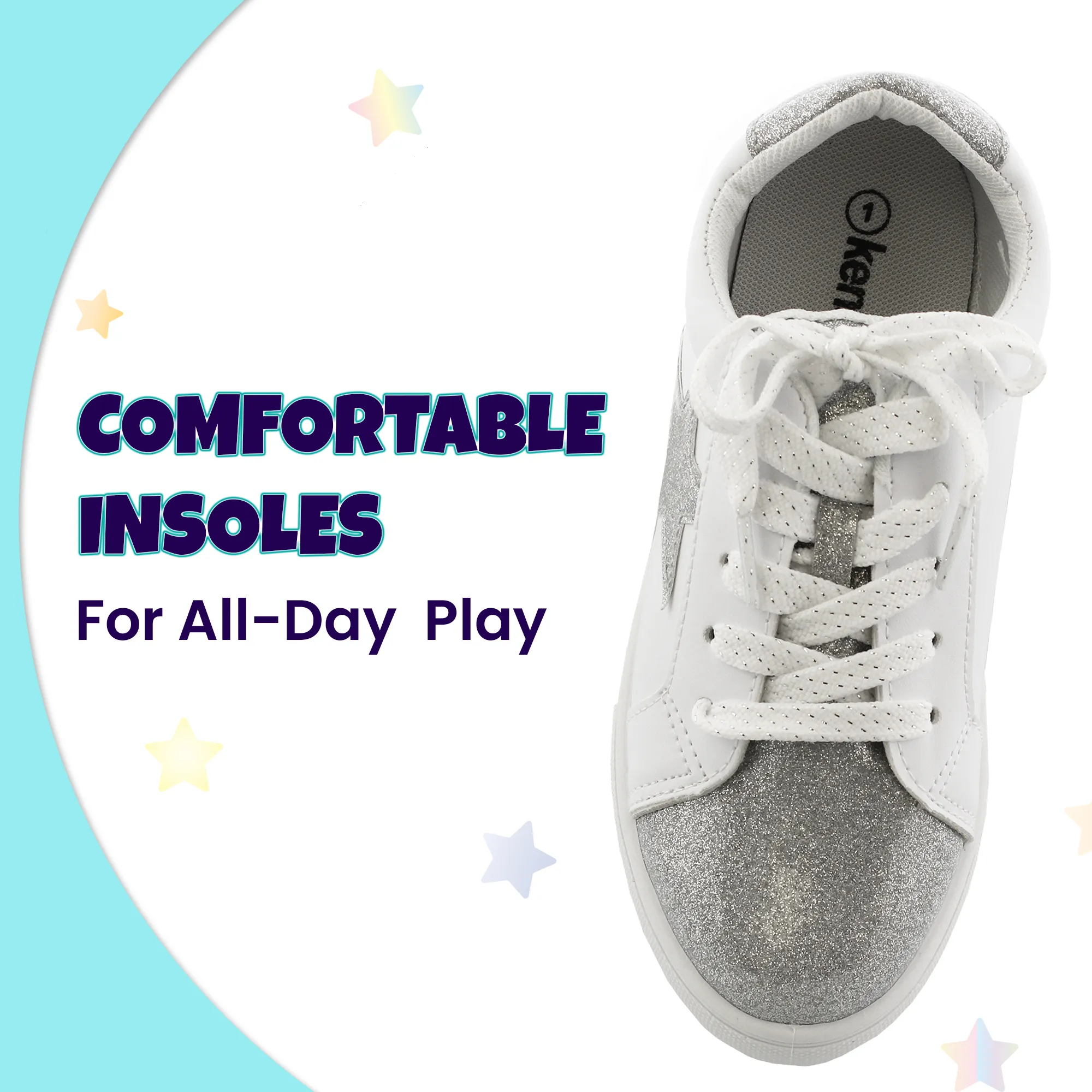 Kensie Girl Low Top Sneaker Casual Lace Up Shoes, Silver Glittery Stars