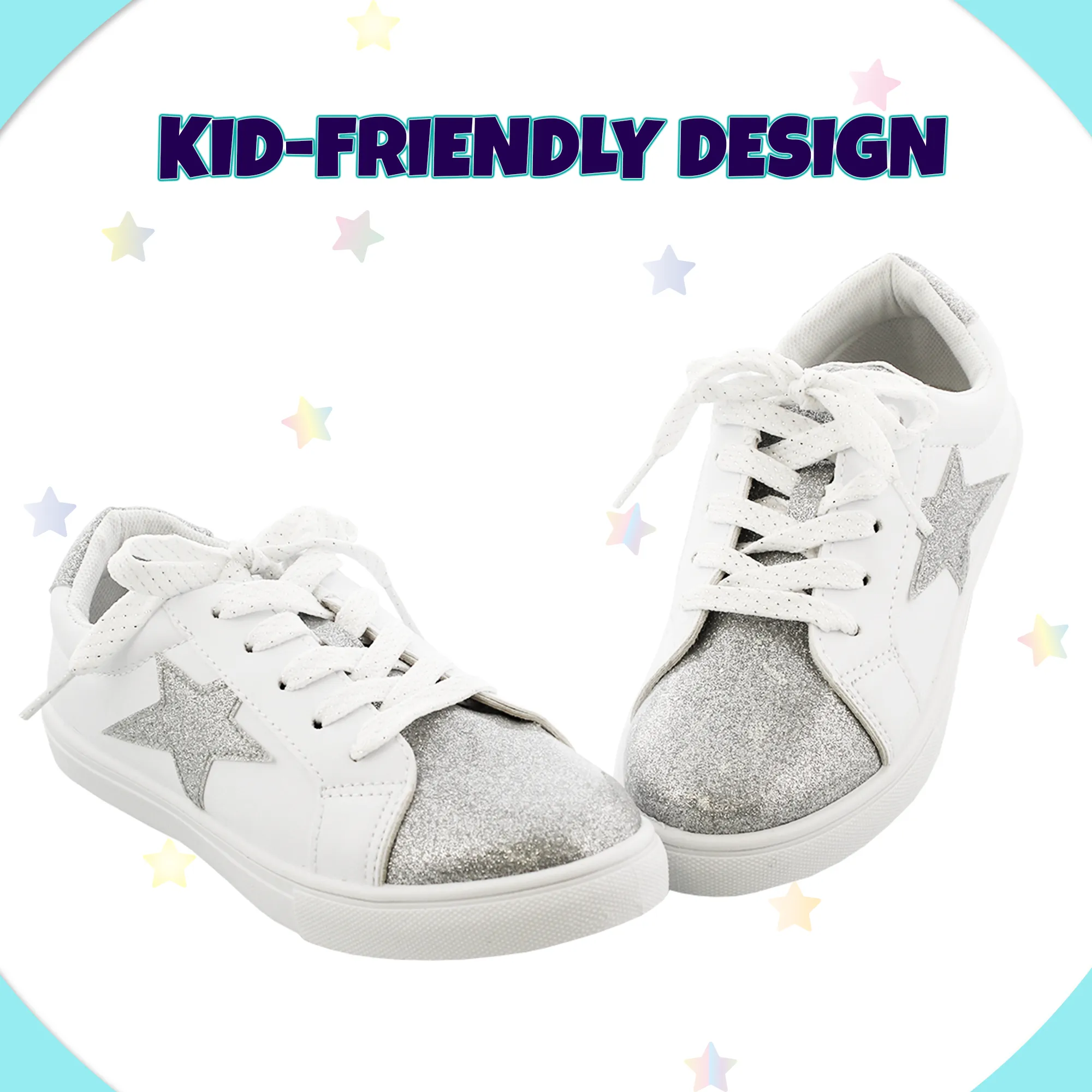 Kensie Girl Low Top Sneaker Casual Lace Up Shoes, Silver Glittery Stars