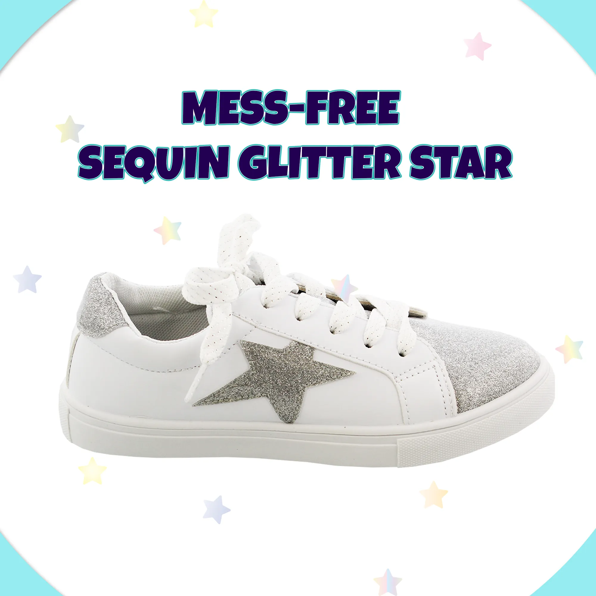 Kensie Girl Low Top Sneaker Casual Lace Up Shoes, Silver Glittery Stars