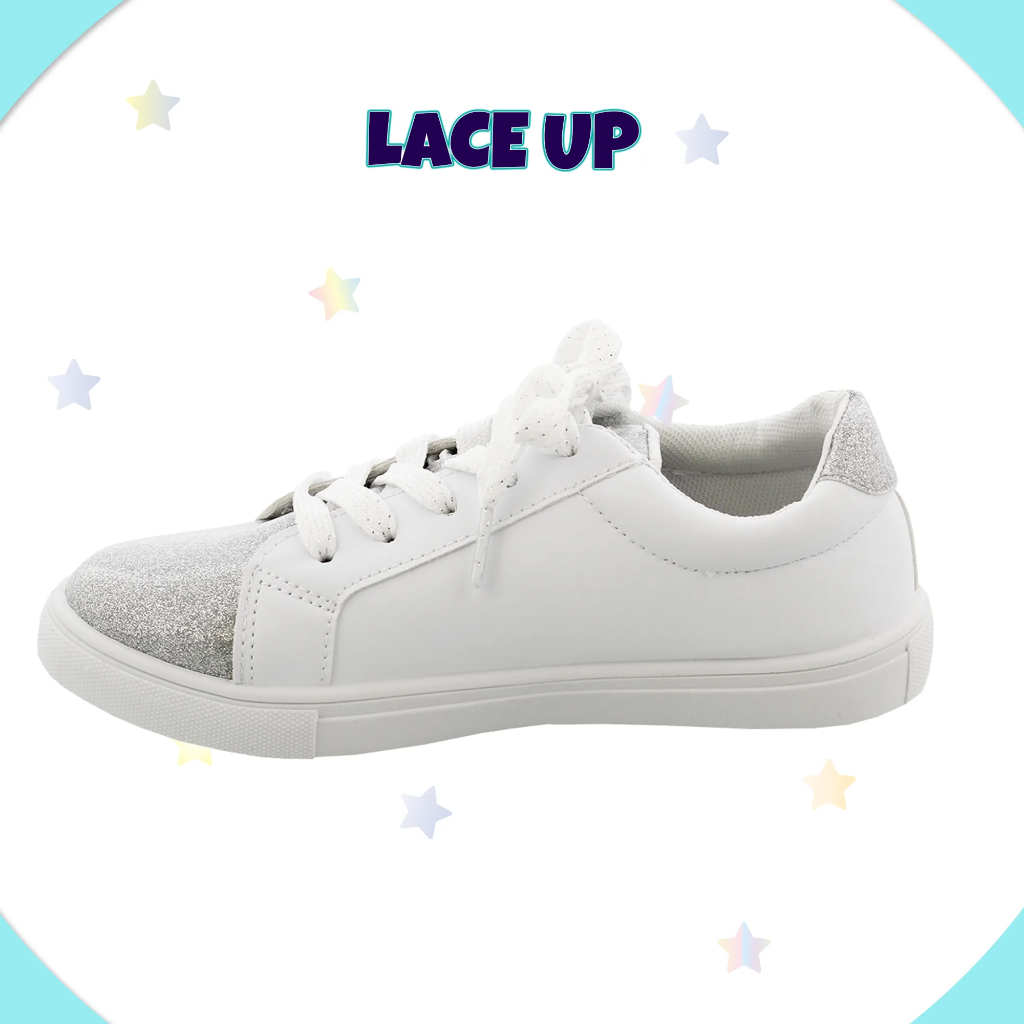 Kensie Girl Low Top Sneaker Casual Lace Up Shoes, Silver Glittery Stars