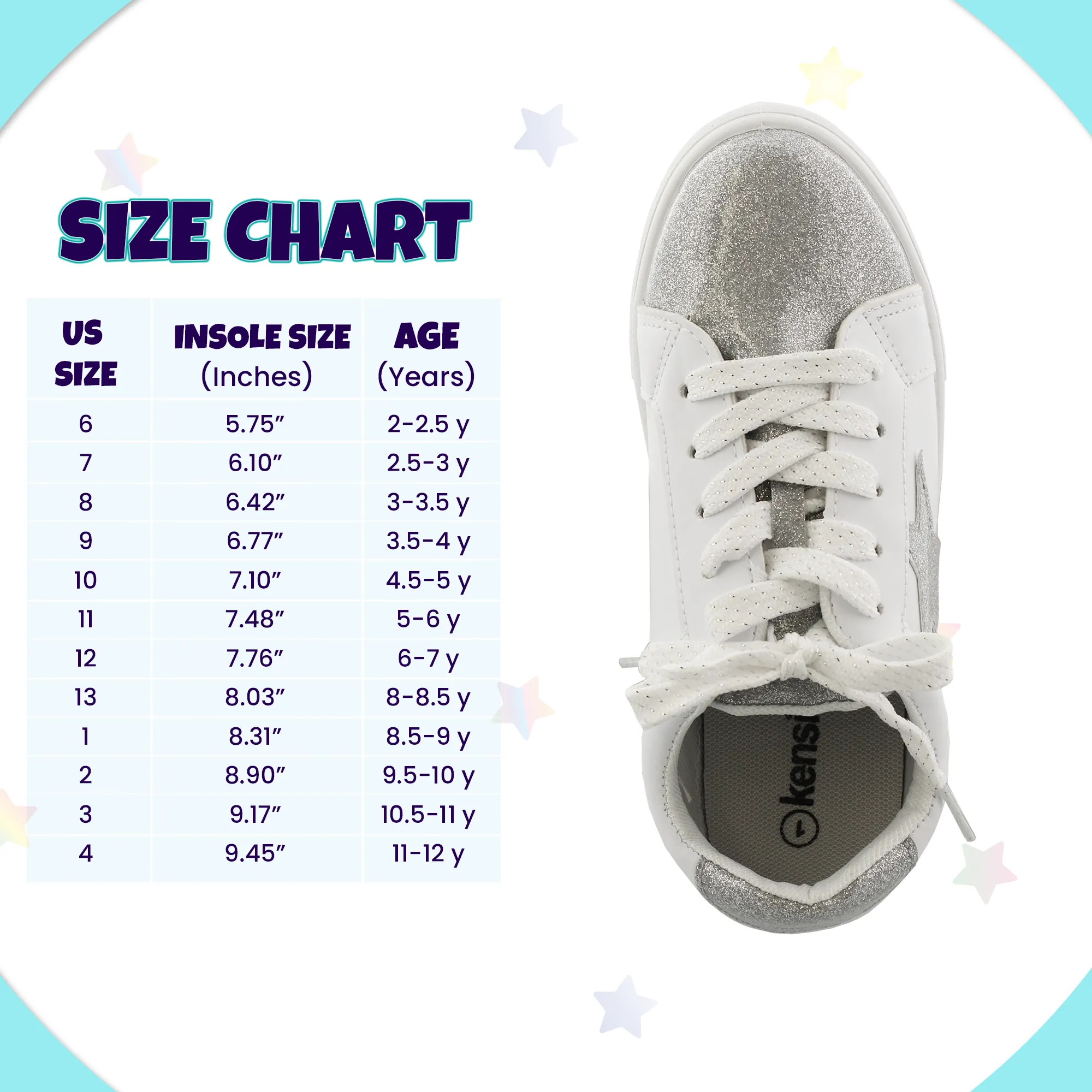 Kensie Girl Low Top Sneaker Casual Lace Up Shoes, Silver Glittery Stars