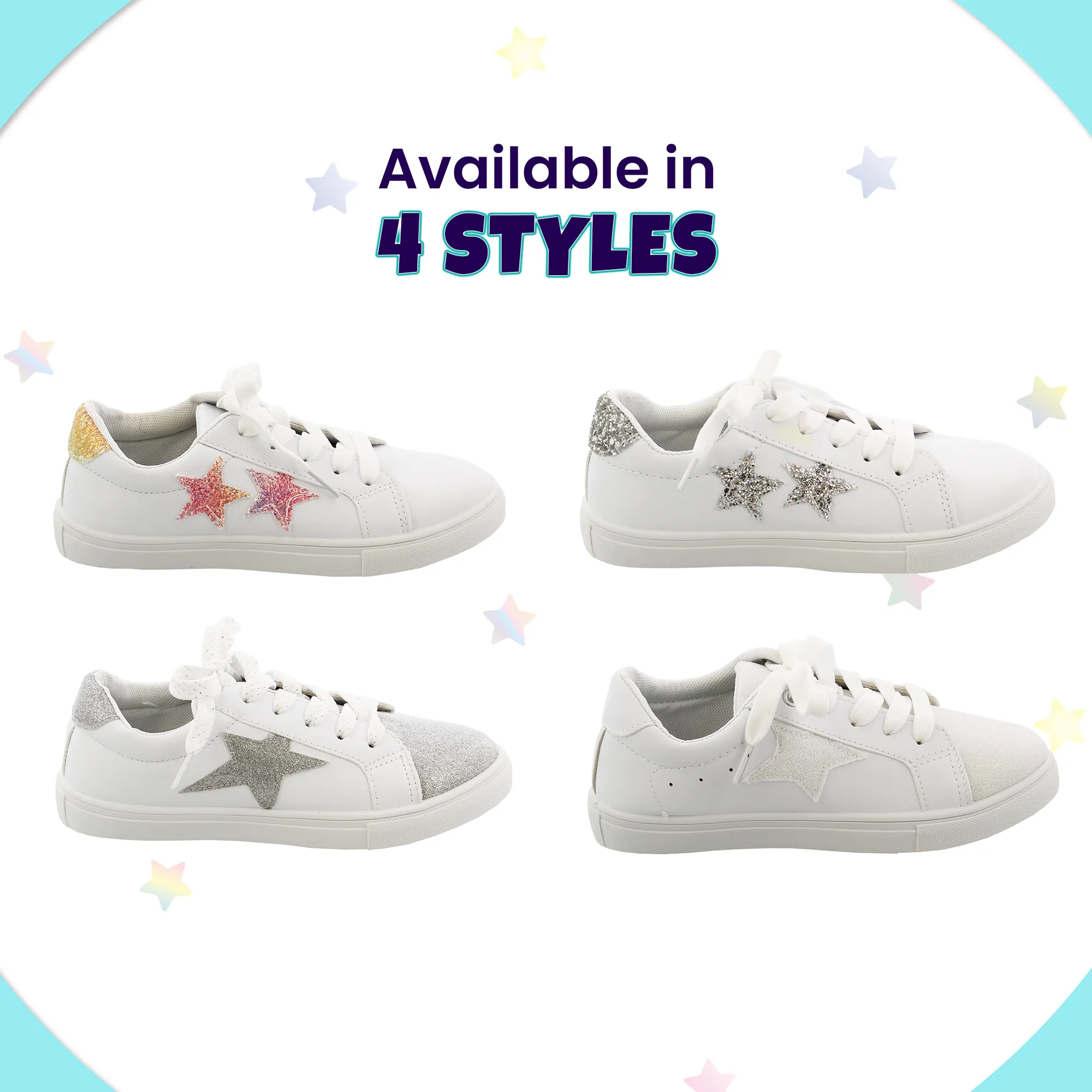 Kensie Girl Low Top Sneaker Casual Lace Up Shoes, Silver Glittery Stars