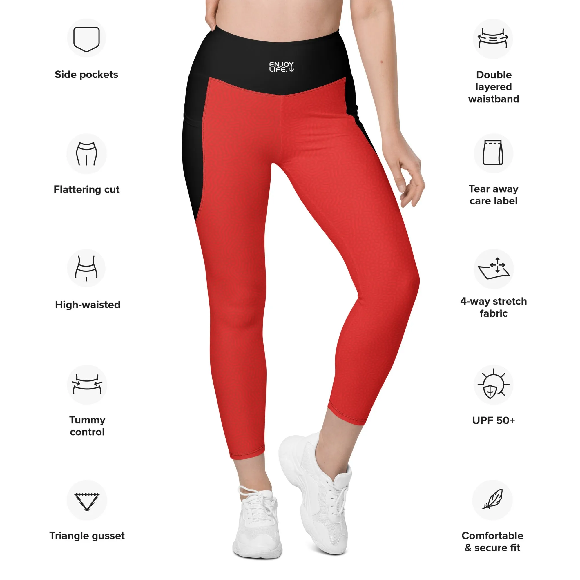 Life League Gear - "Dive" - Women's Leggings with Pockets (Red/Black Accents)