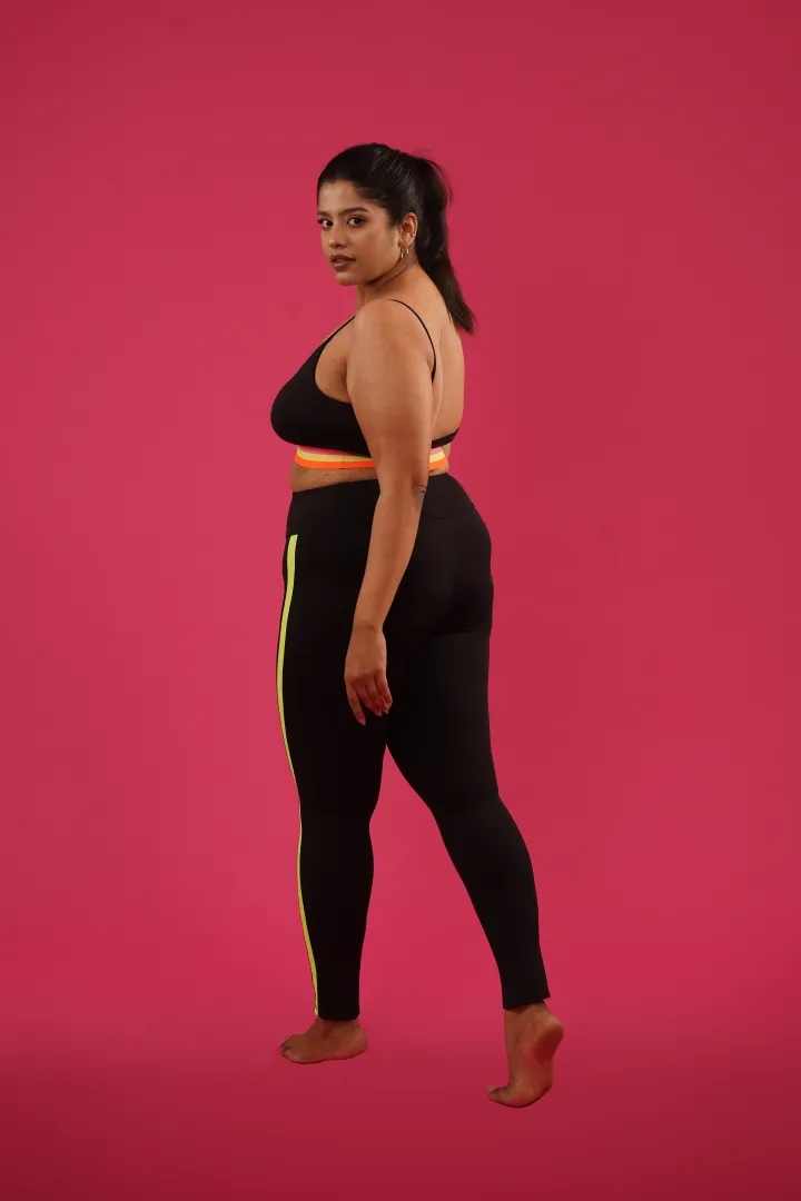 MARIA LIME ACCENT HIGH WAISTED BLACK LEGGINGS