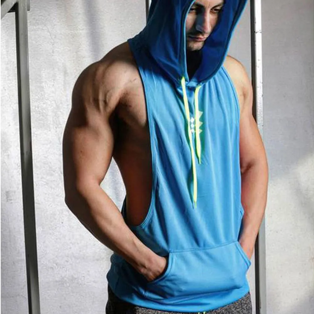 Mens Sleeveless Hooded Tank Tops Gym Hoodie Bodybuilding Workout Stringer Shirt Quick Dry Fitness Man Singlet Summer Casual Vest