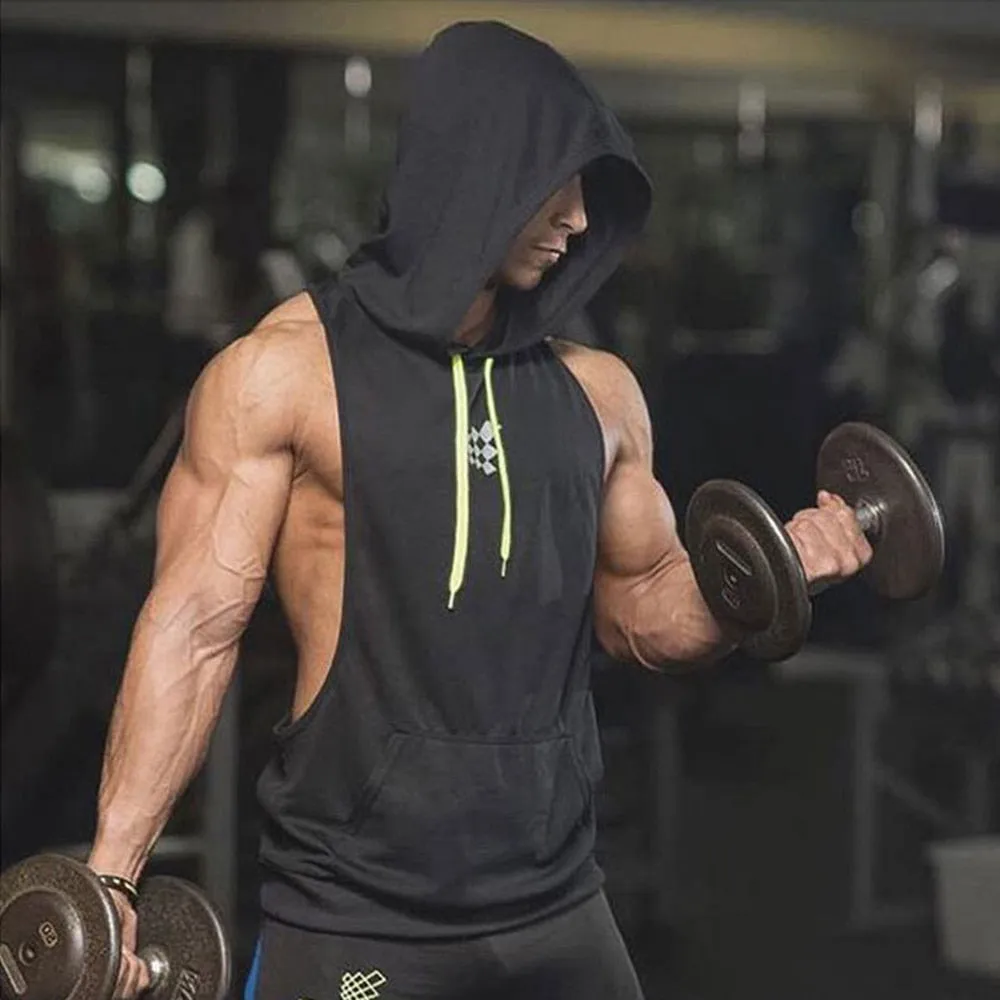Mens Sleeveless Hooded Tank Tops Gym Hoodie Bodybuilding Workout Stringer Shirt Quick Dry Fitness Man Singlet Summer Casual Vest