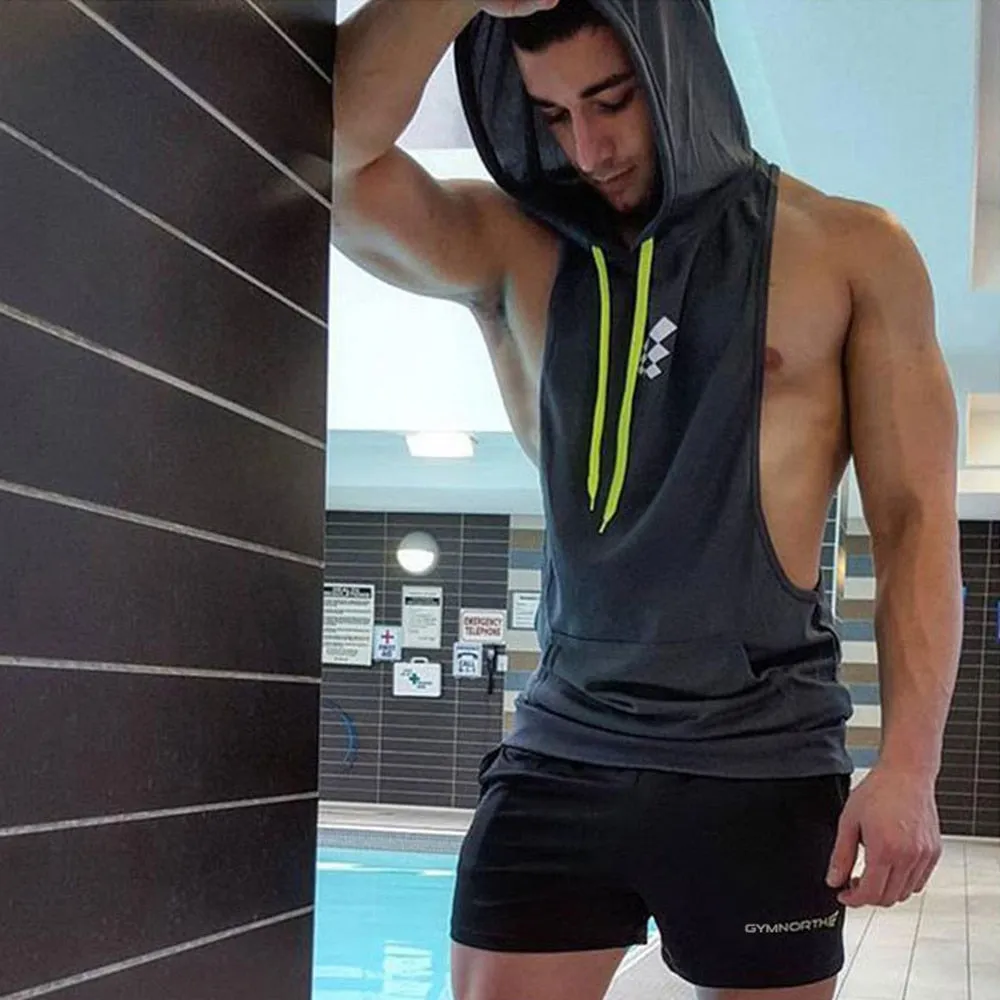 Mens Sleeveless Hooded Tank Tops Gym Hoodie Bodybuilding Workout Stringer Shirt Quick Dry Fitness Man Singlet Summer Casual Vest