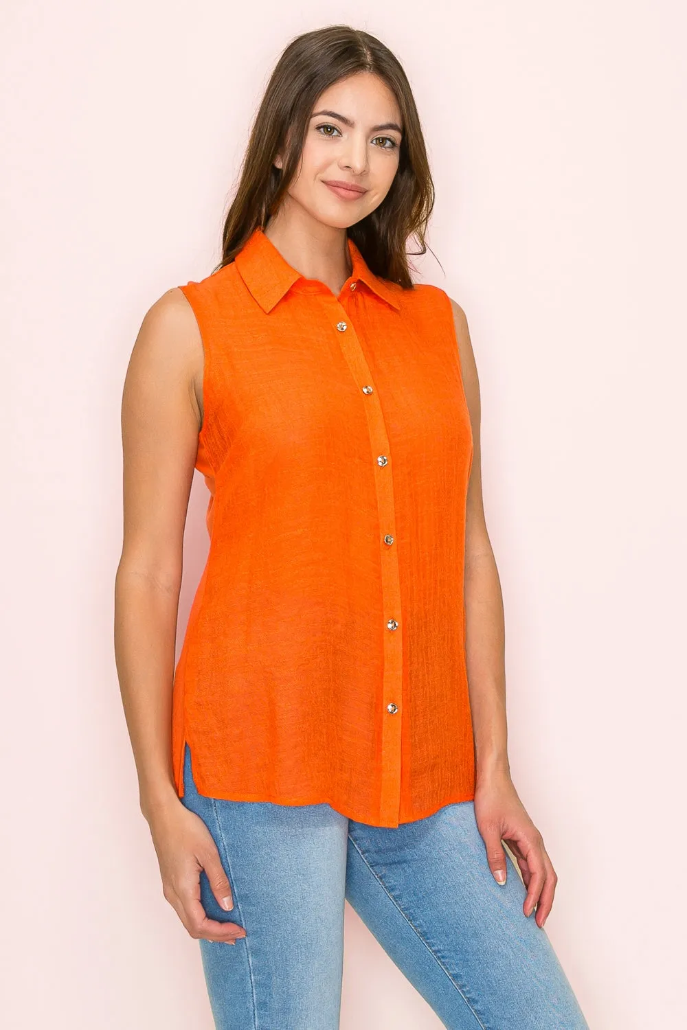 MIX MEDIA BUTTON FRONT COLLAR SLEEVELESS SHIRT