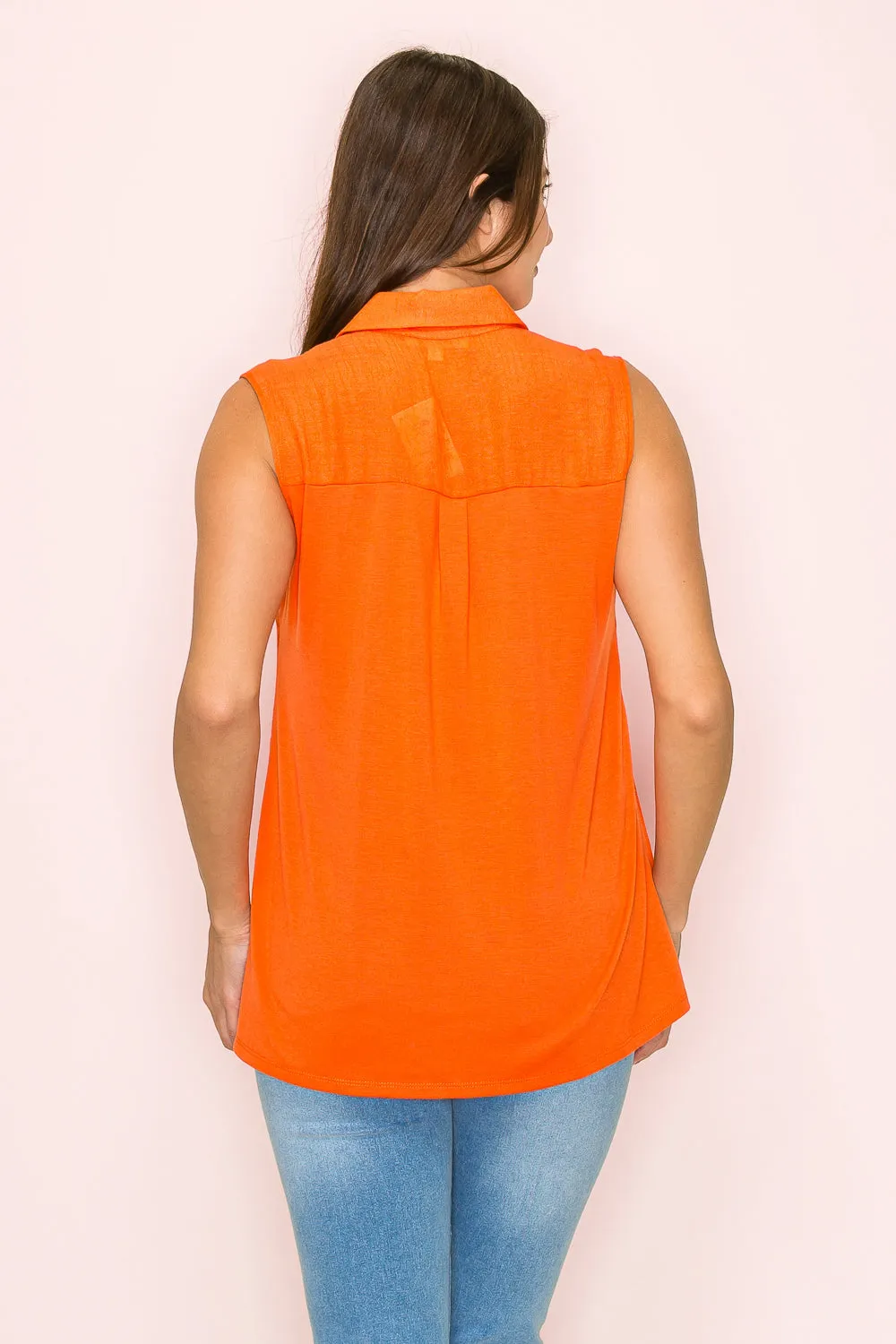 MIX MEDIA BUTTON FRONT COLLAR SLEEVELESS SHIRT