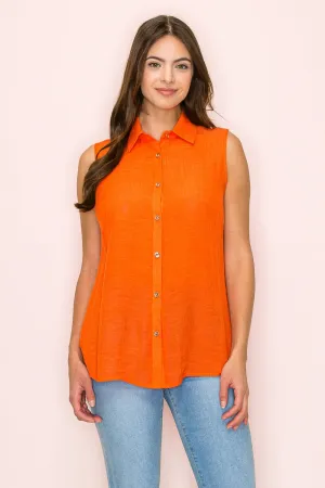 MIX MEDIA BUTTON FRONT COLLAR SLEEVELESS SHIRT