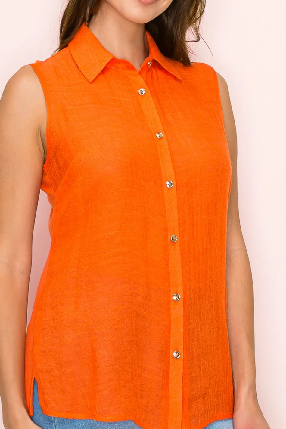 MIX MEDIA BUTTON FRONT COLLAR SLEEVELESS SHIRT