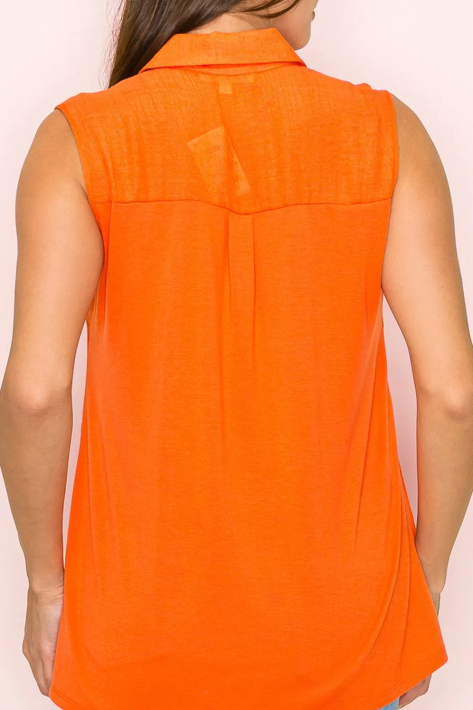MIX MEDIA BUTTON FRONT COLLAR SLEEVELESS SHIRT