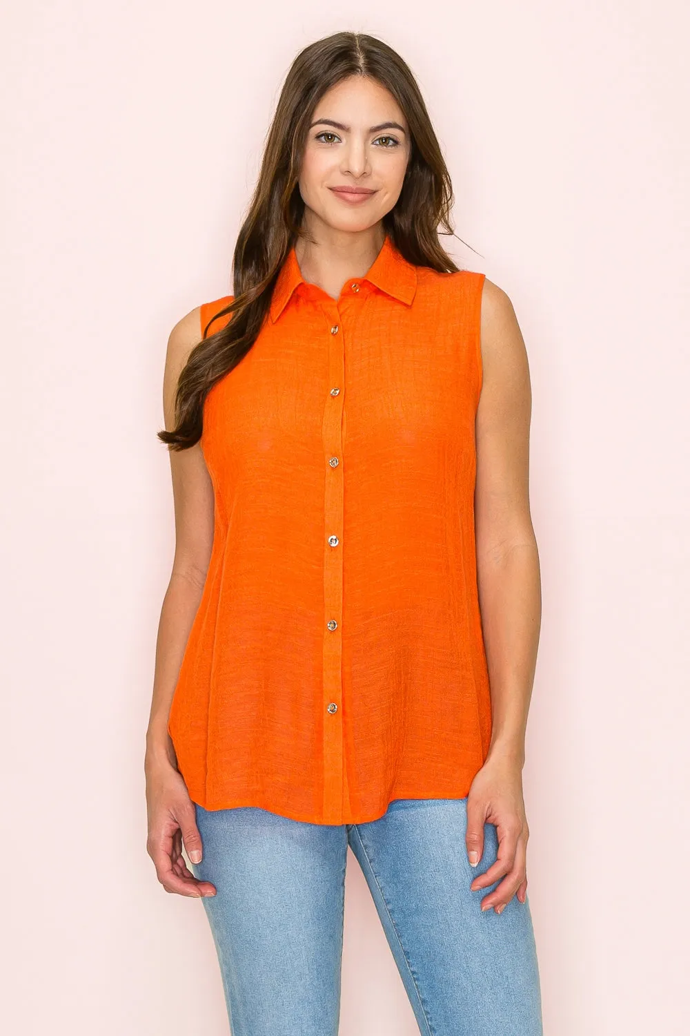 MIX MEDIA BUTTON FRONT COLLAR SLEEVELESS SHIRT