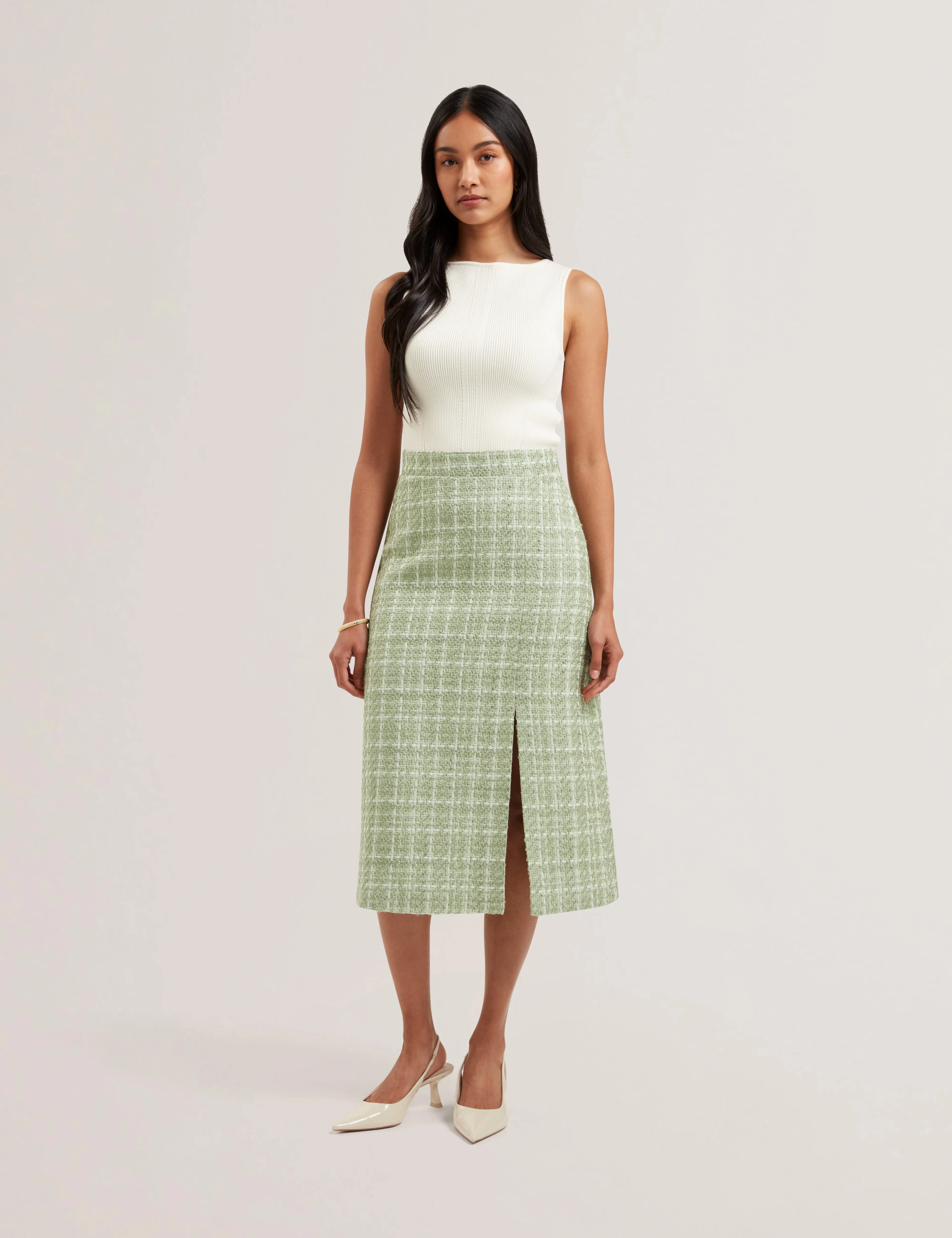 Morim Knit Bodice Boucle Midi Skirt Lt-Green