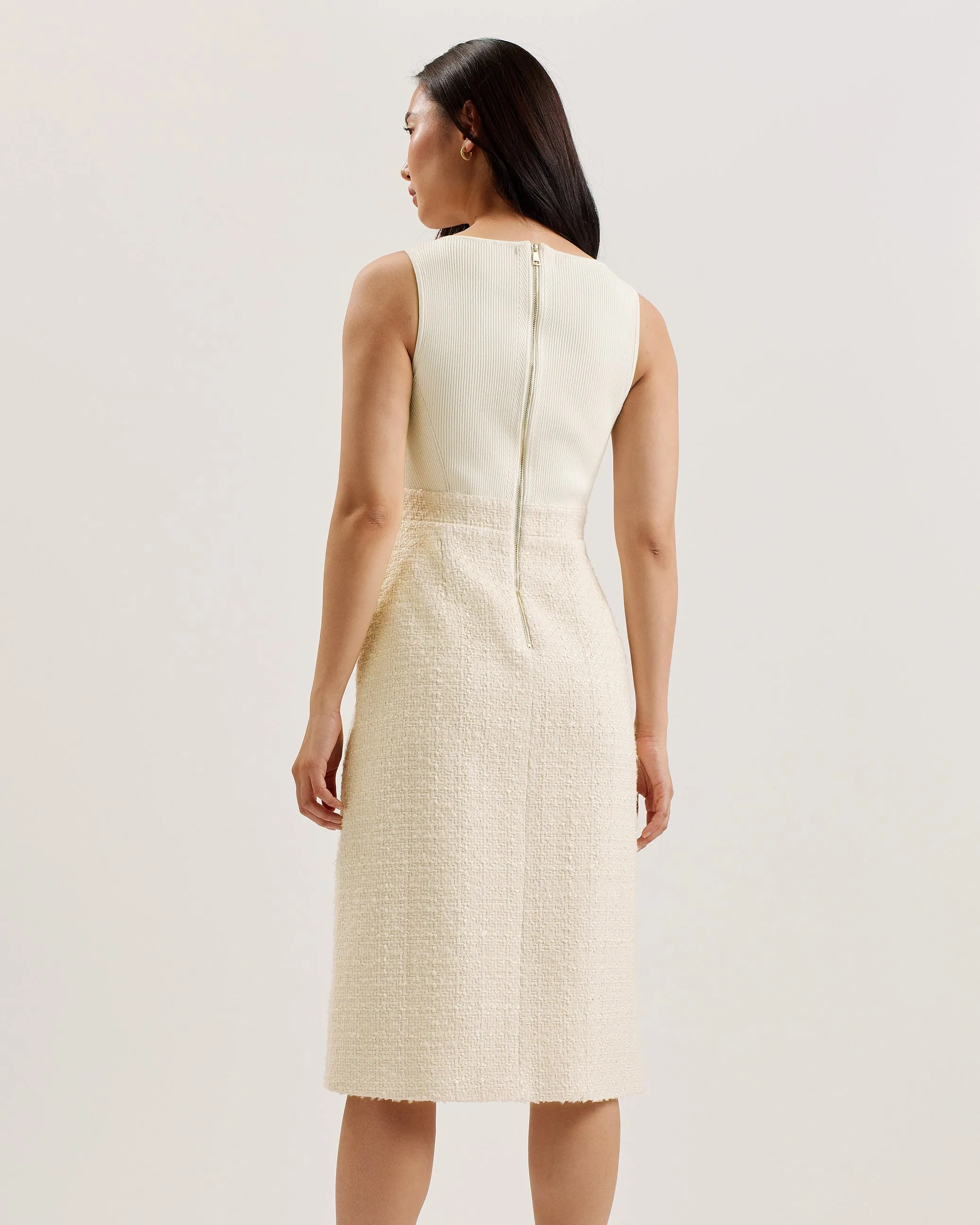 Morim Knit Bodice Boucle Midi Skirt With Side Ivory