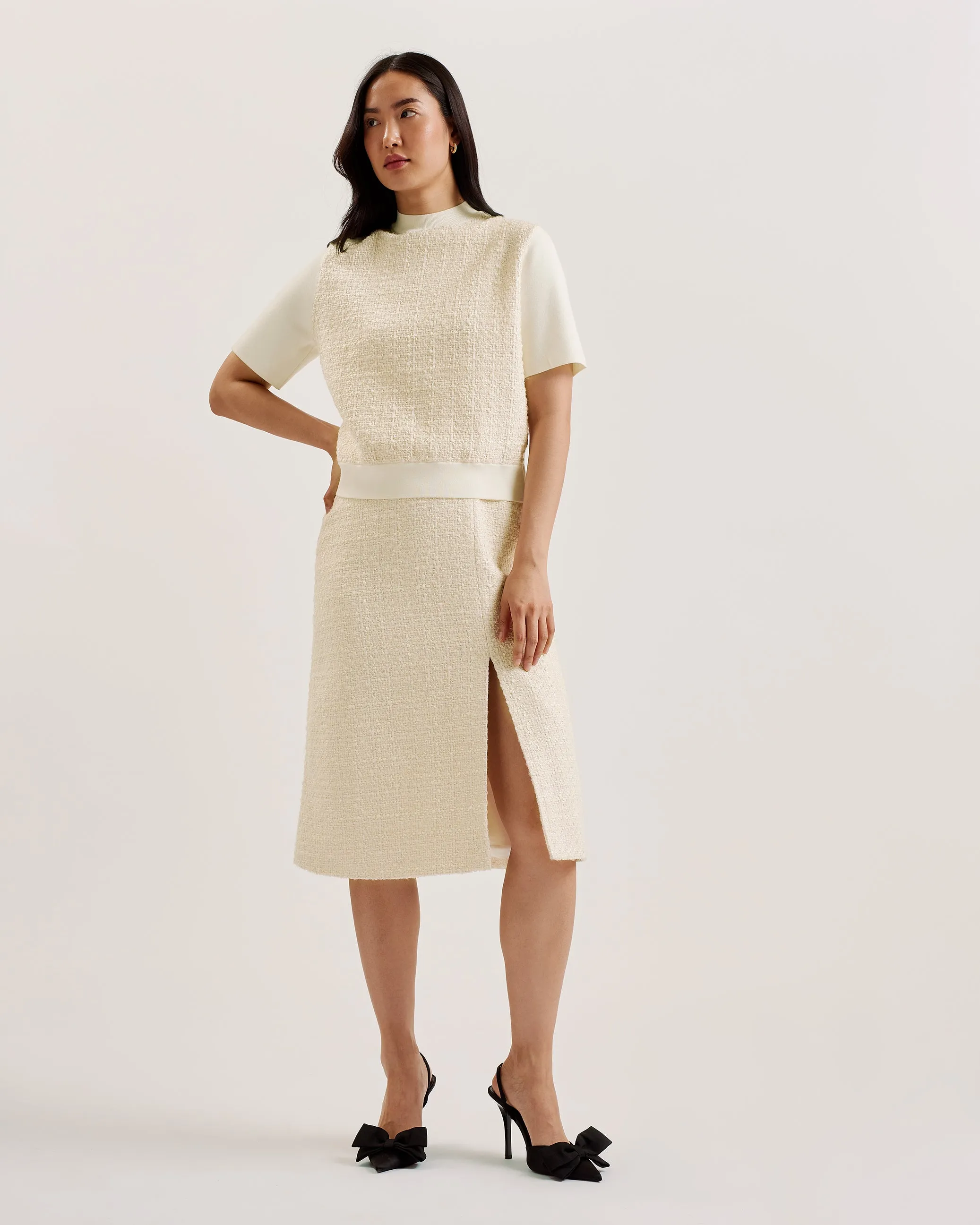 Morim Knit Bodice Boucle Midi Skirt With Side Ivory