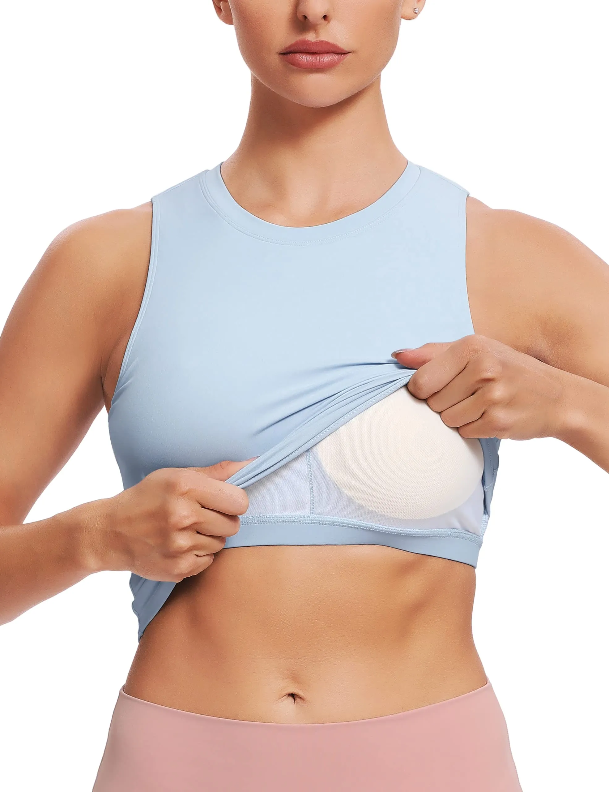 Natural Feelings Sports Bras for Women Removable Padded Yoga Tank Tops Sleeveless Fitness Workout Running Crop Tops Baby Blue