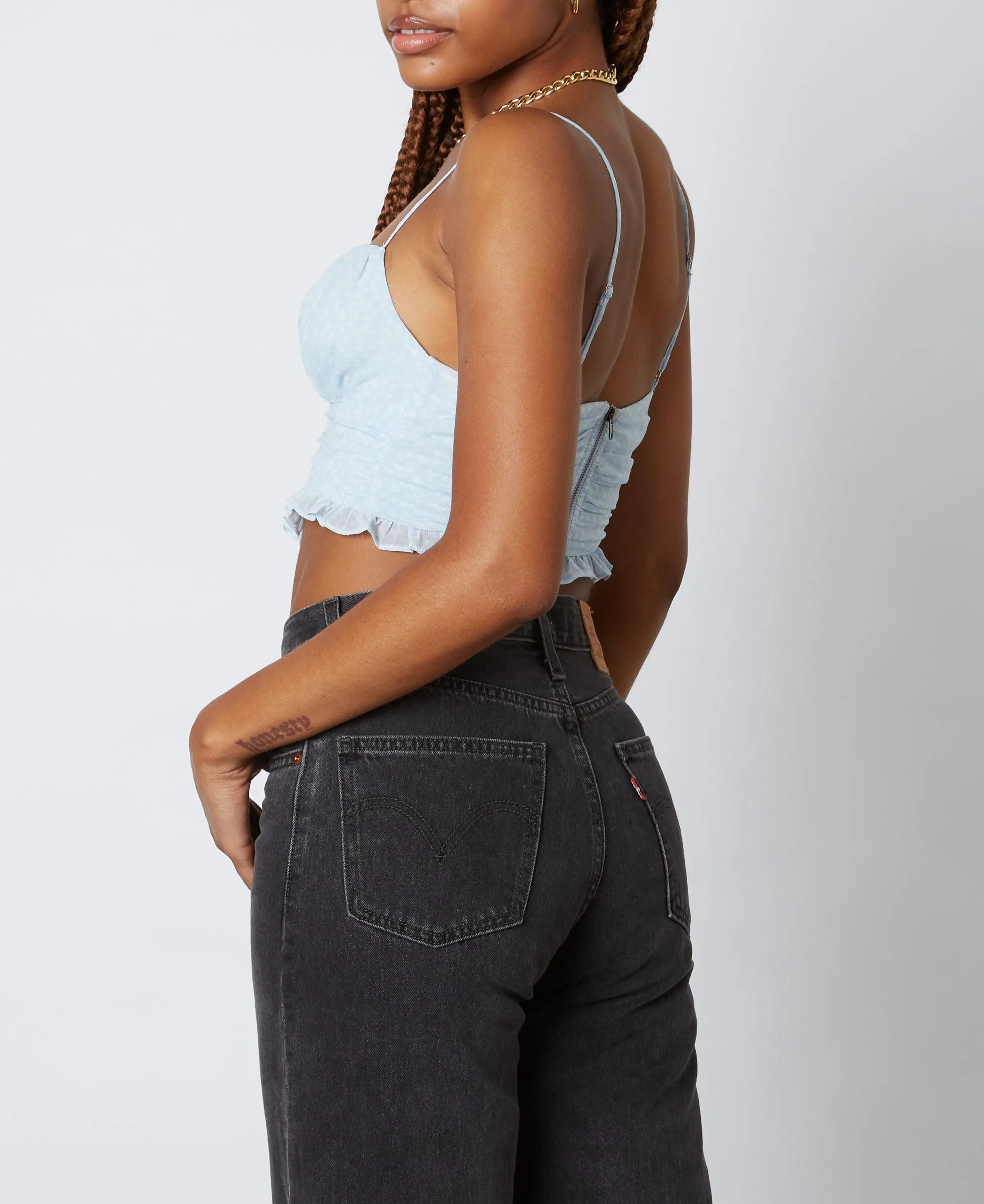 Peasant Key Hole Tie Ruffle Hem Crop Top