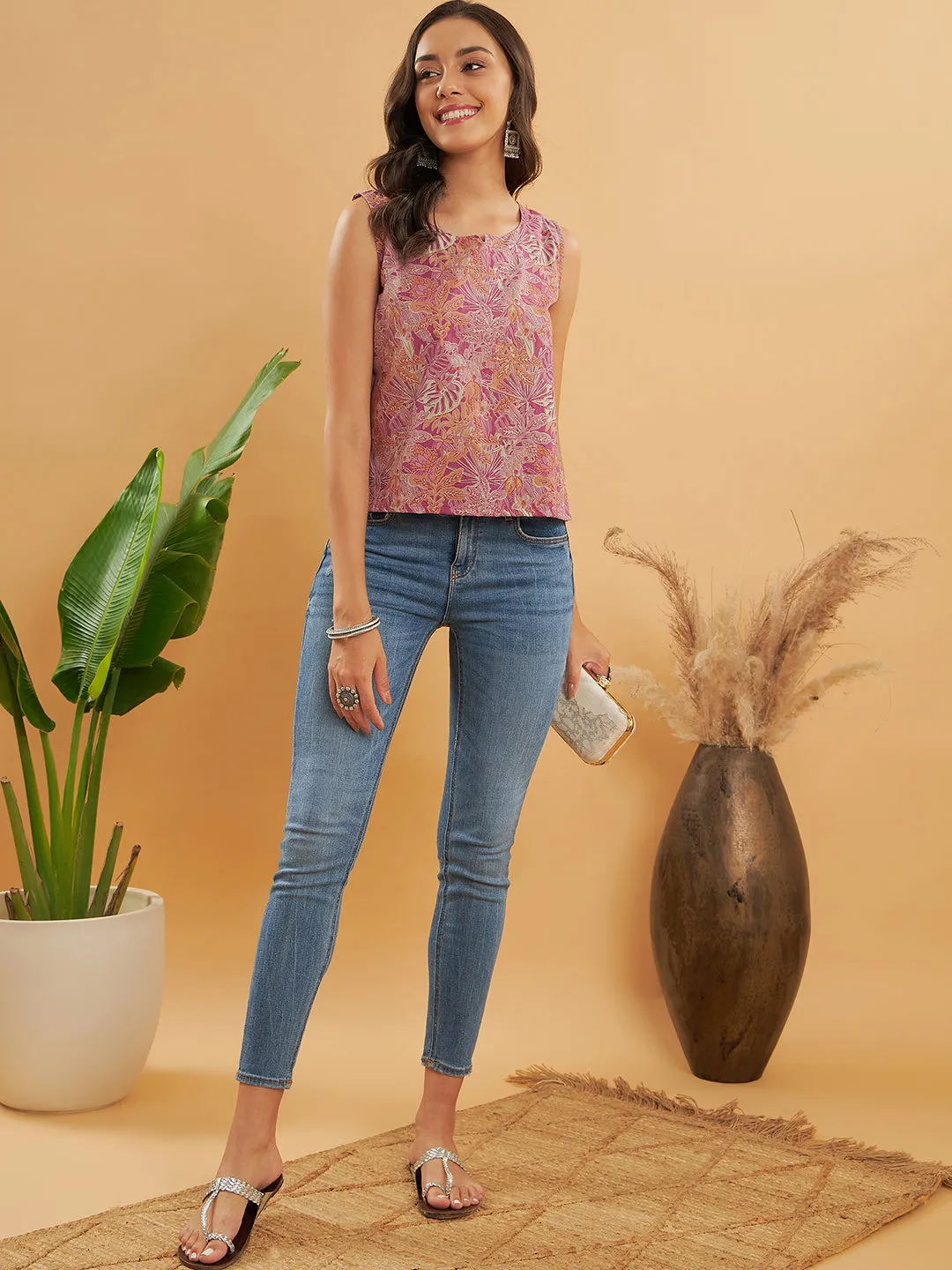 Pink Coral Floral Print W/U Top