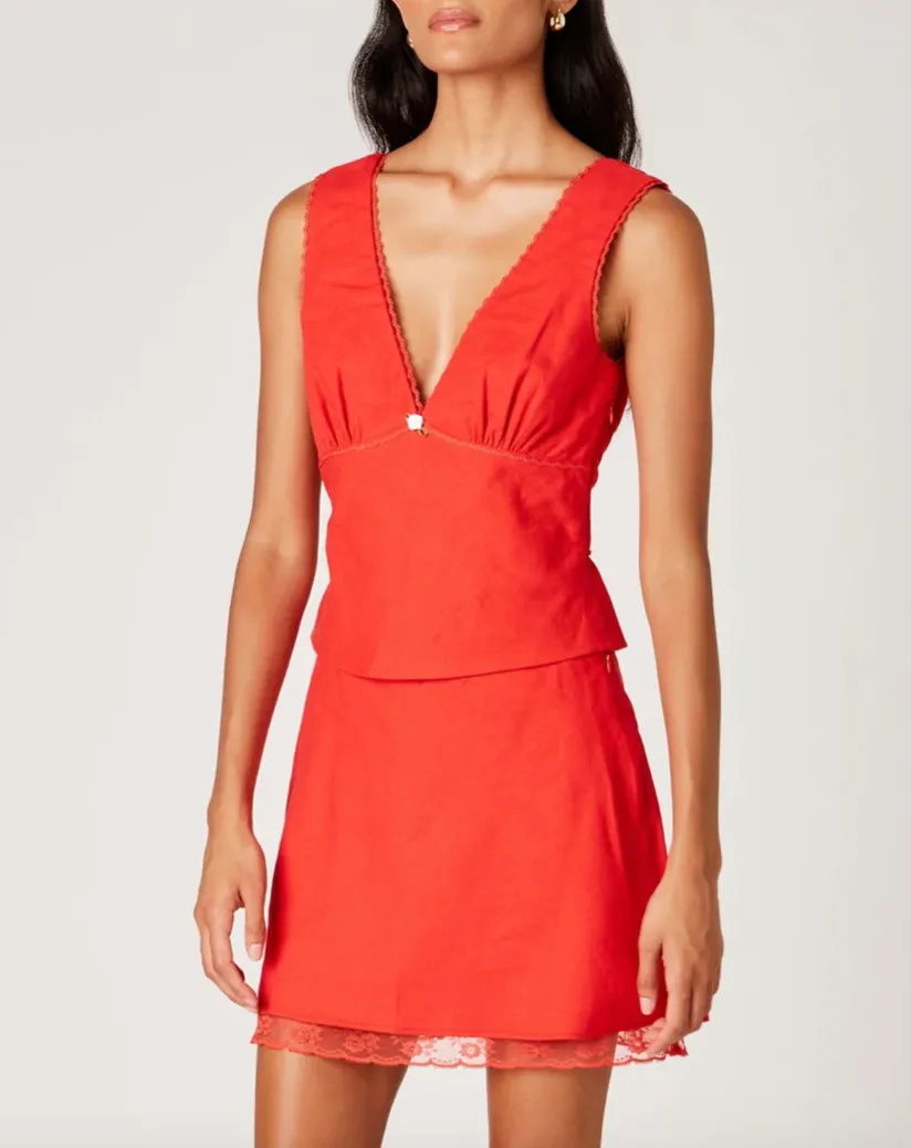 Plunge V Neck Linen Scalloped Trim Top
