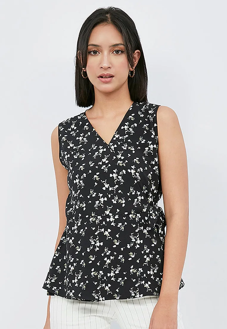 Printed Wrap Sleeveless Blouse