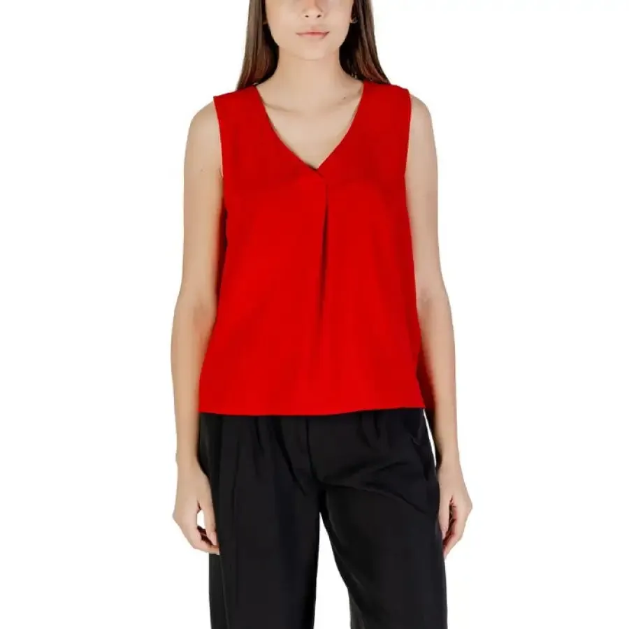 Red Sleeveless V Neck Blouse