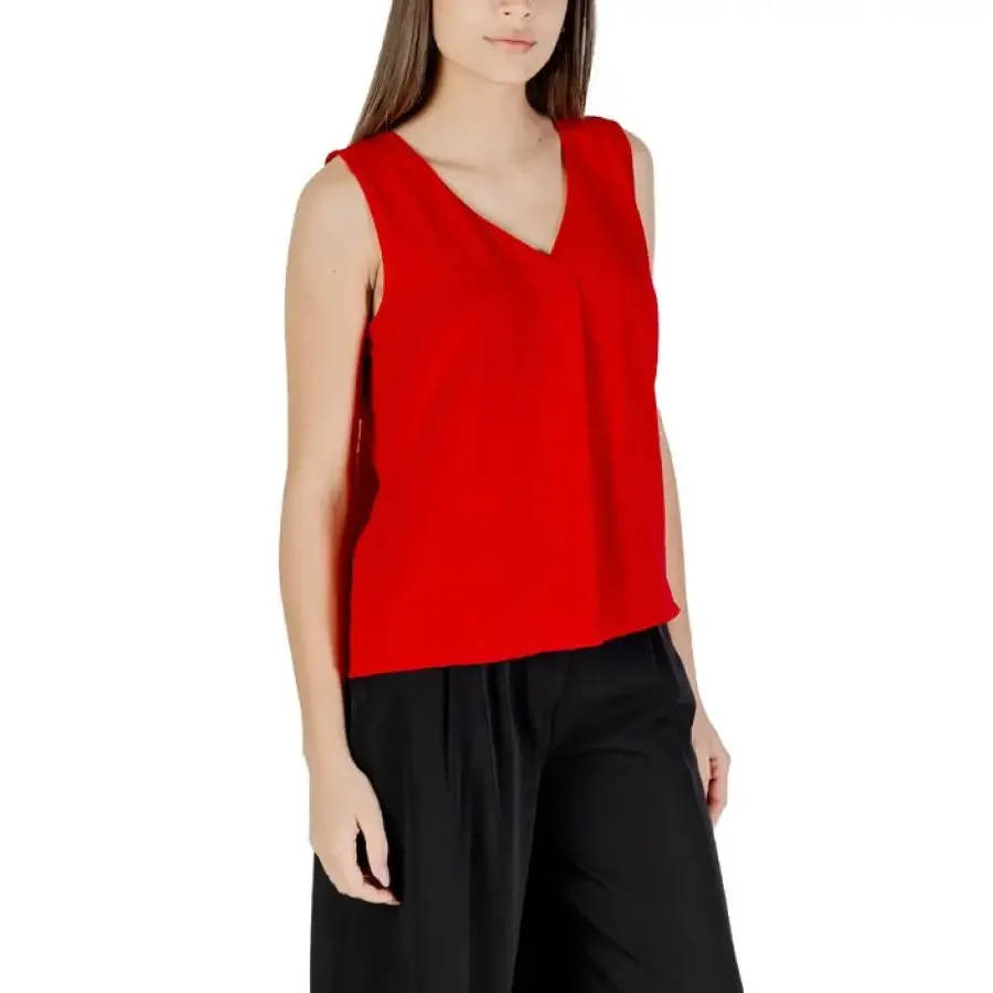 Red Sleeveless V Neck Blouse