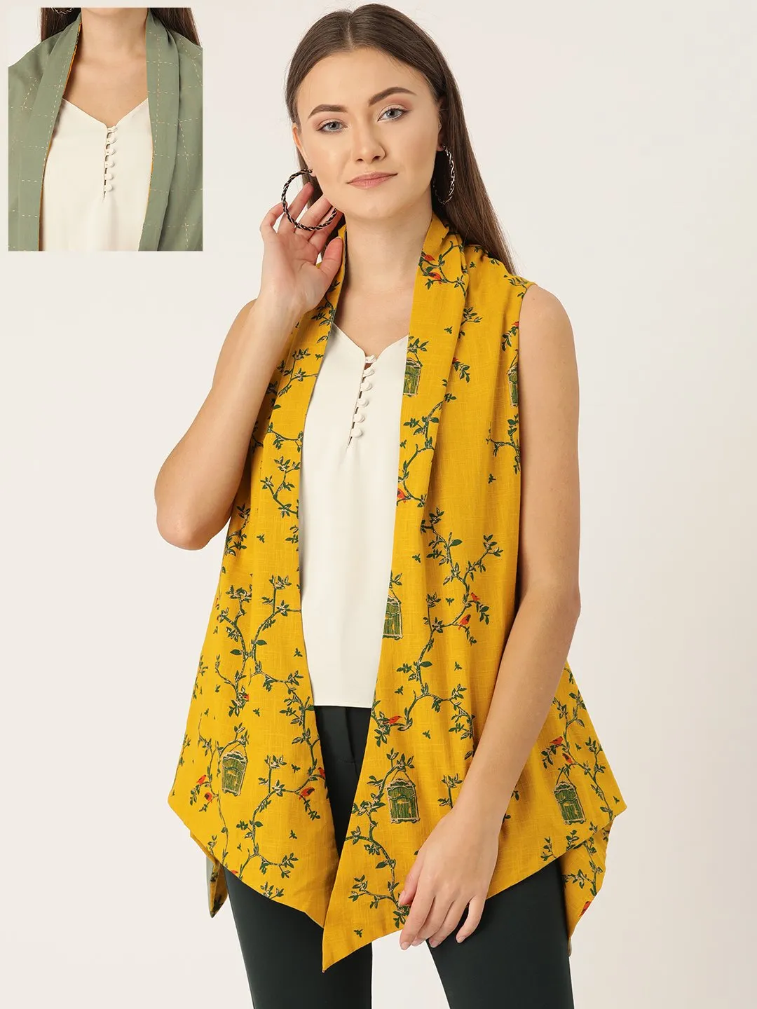 Reversible Shrug - Bird Print And Green