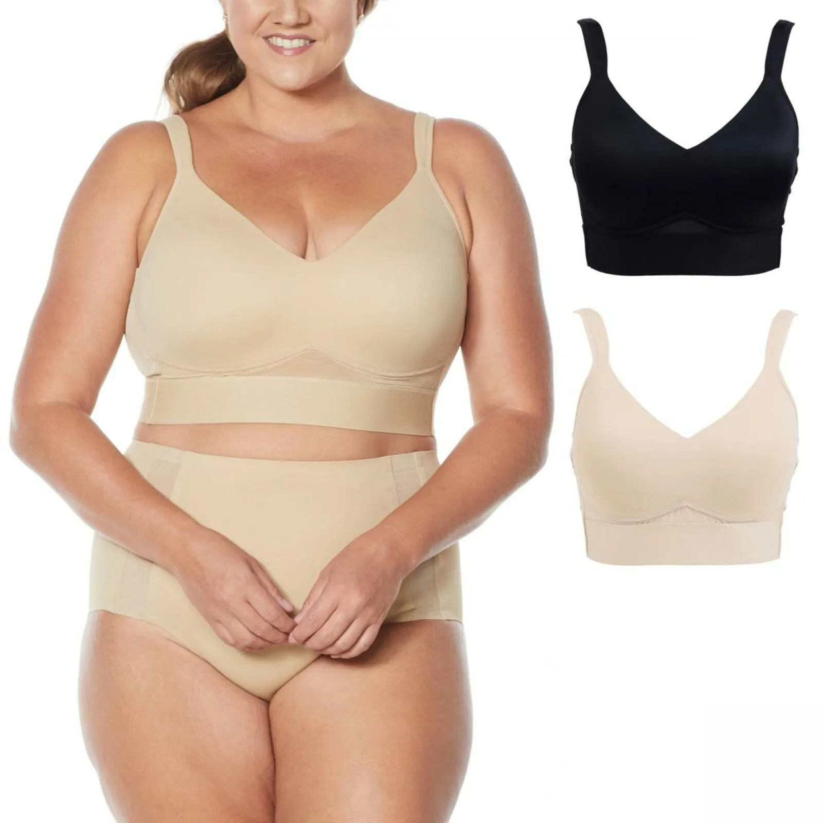 Rhonda Shear 2 Pack Mesh Back Detail Molded Cup Bras Nude/ Black Plus 2X
