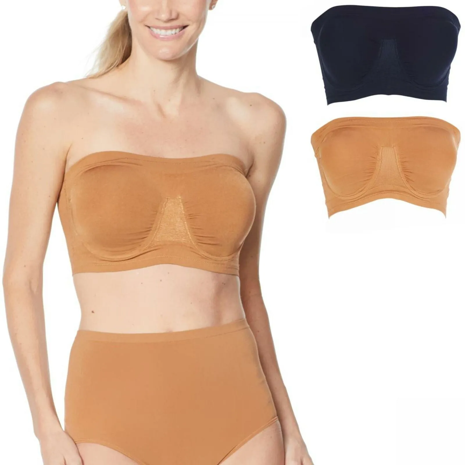 Rhonda Shear 2 Pack Underwire Bandeau Bras Black/ Caramel Small