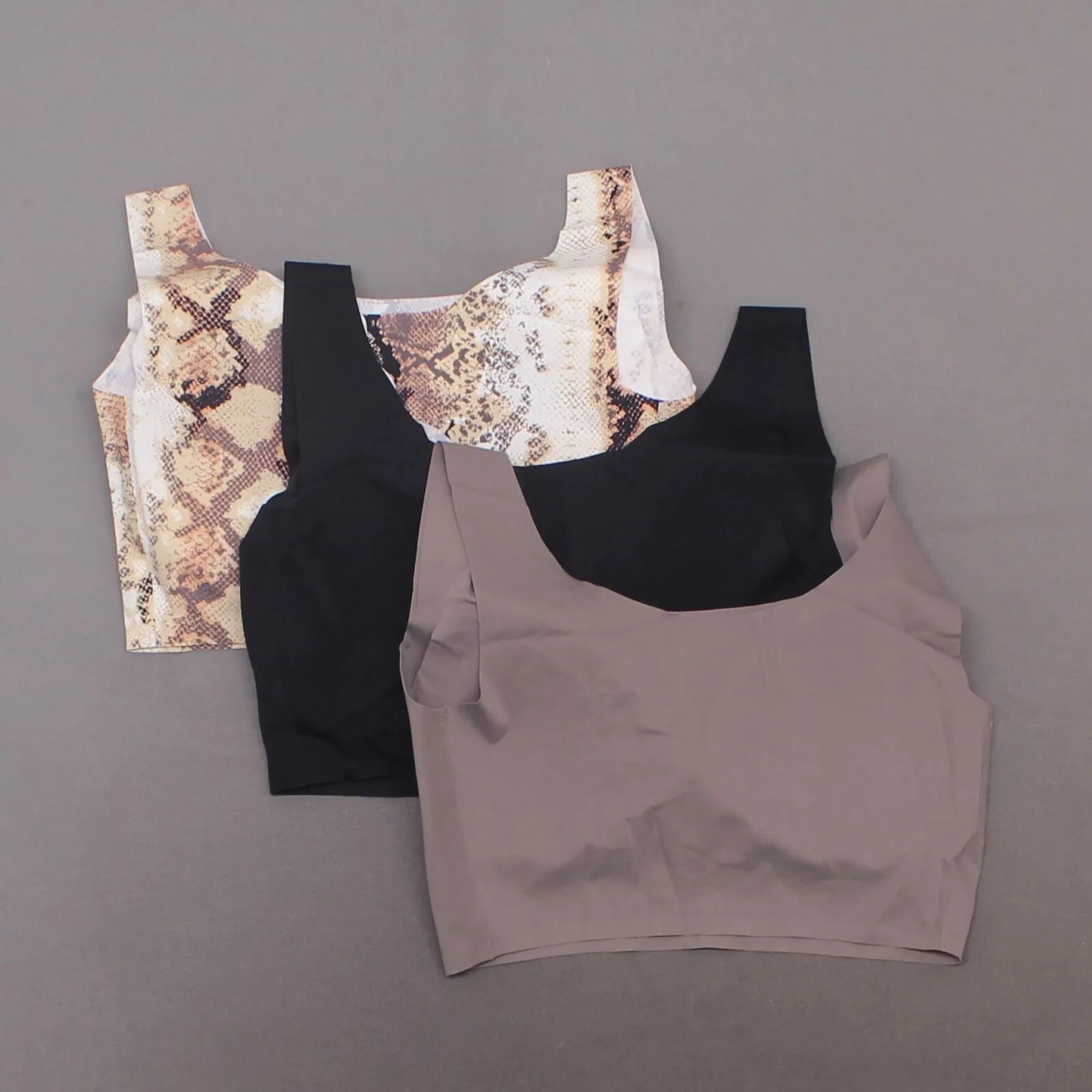 Rhonda Shear 3 Pack Body Bras with Removable Pads Mocha/ Snake/ Black Large