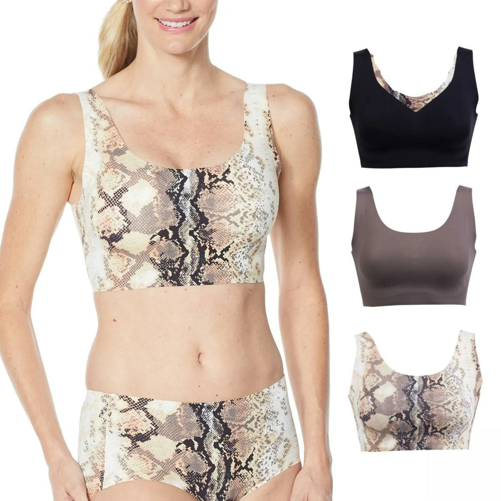 Rhonda Shear 3 Pack Body Bras with Removable Pads Mocha/ Snake/ Black Large