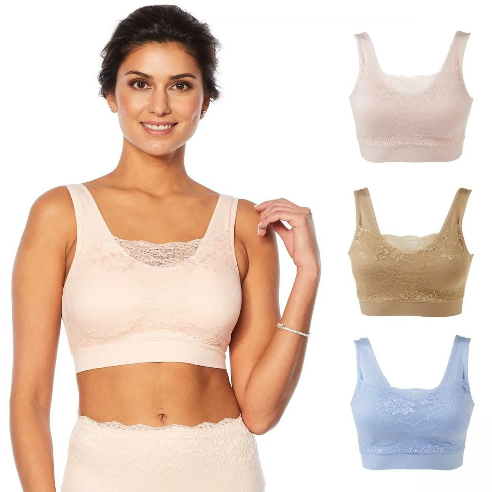 Rhonda Shear 3 Pack Lace Overlay Ahh Bras with Removable Pads Multi Large