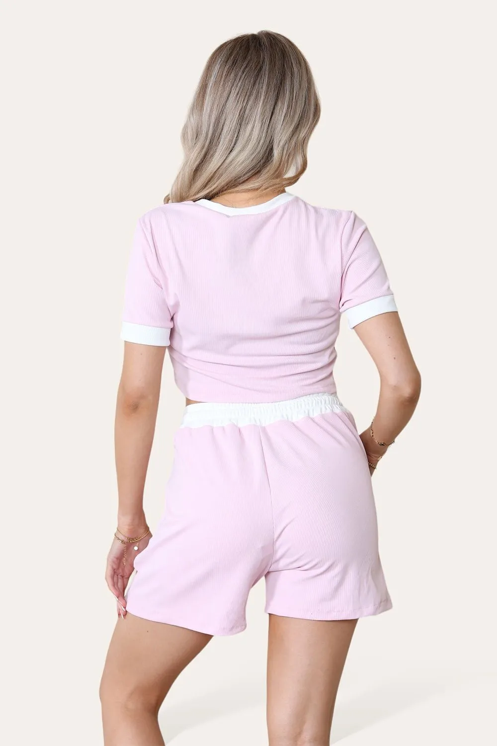 Ribbed Contrast Waistband Top and Short Set