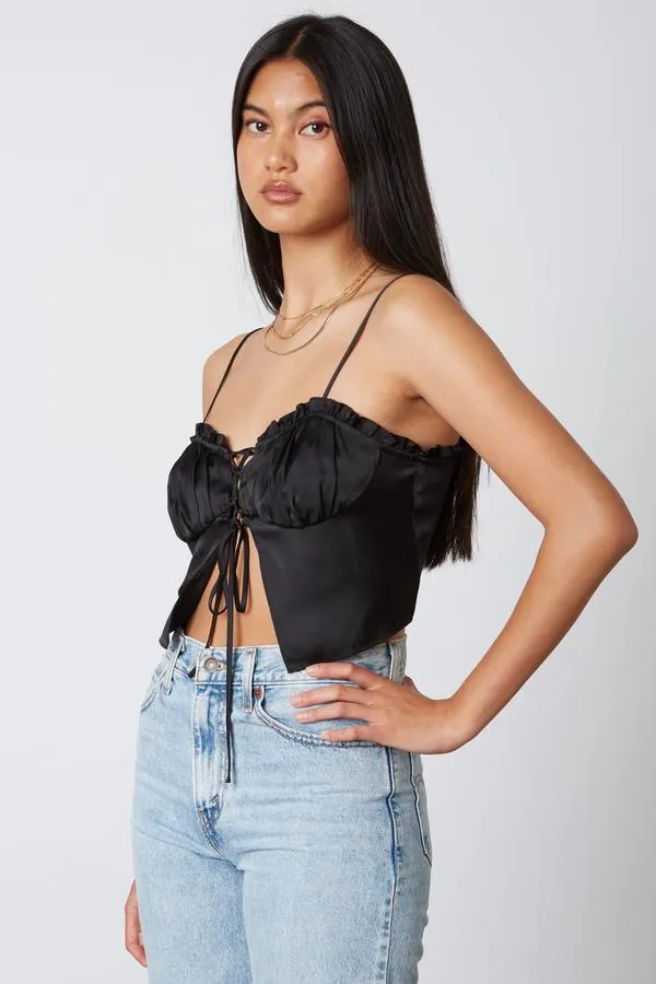 Satin Ruffle Lace Up Split Peasant Crop Top