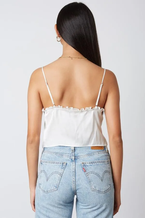 Satin Ruffle Lace Up Split Peasant Crop Top
