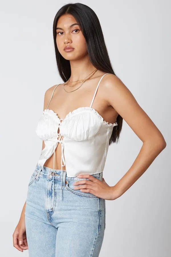 Satin Ruffle Lace Up Split Peasant Crop Top