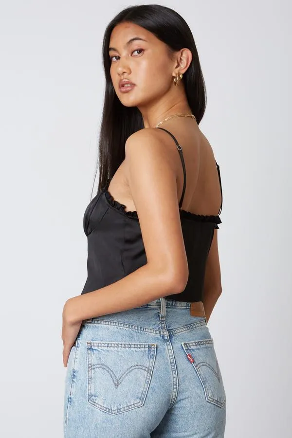 Satin Ruffle Lace Up Split Peasant Crop Top