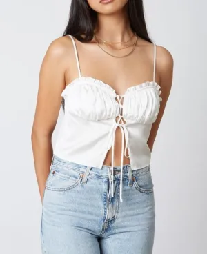 Satin Ruffle Lace Up Split Peasant Crop Top