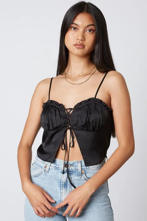 Satin Ruffle Lace Up Split Peasant Crop Top