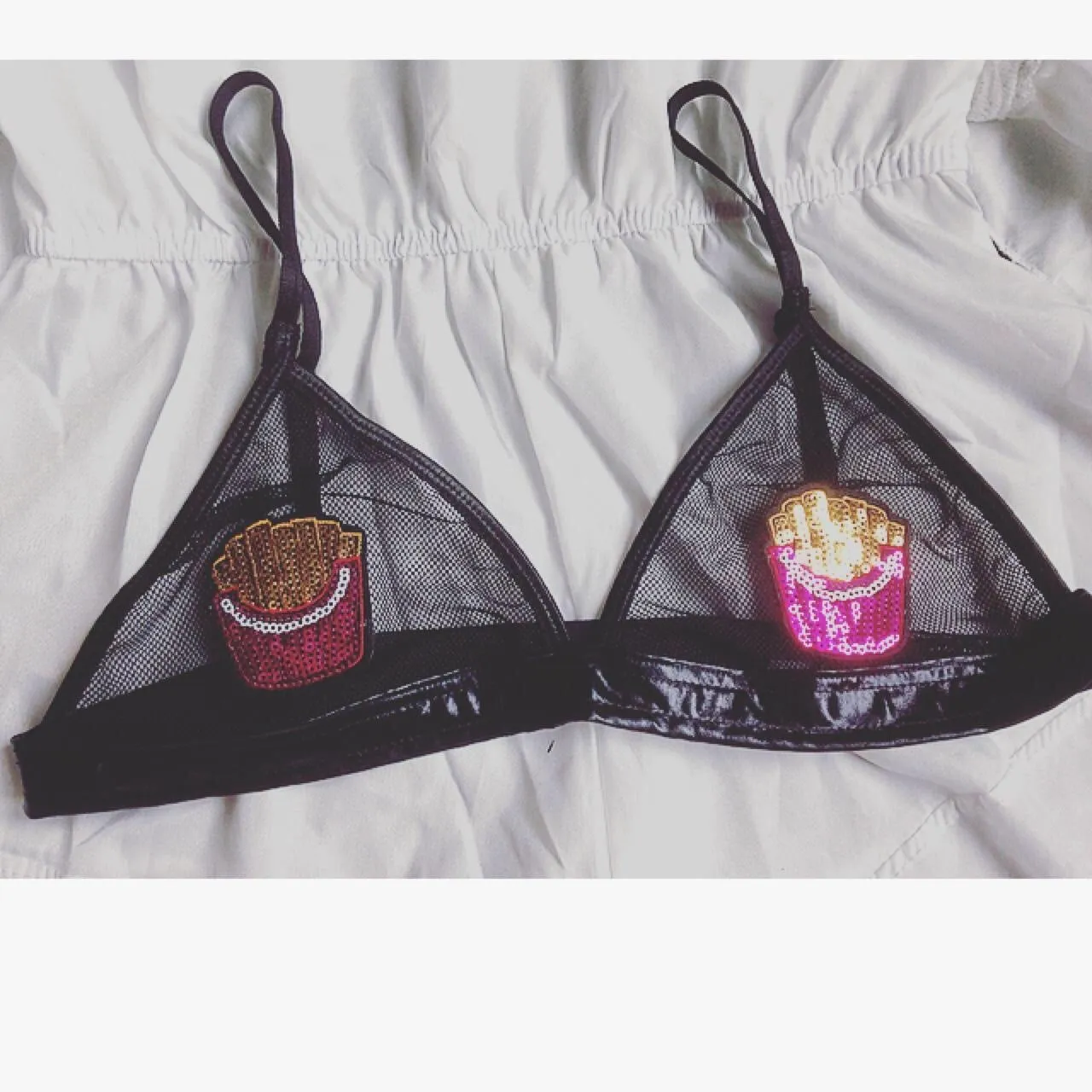 Sequin Fries Patch Mesh Faux Leather Bra