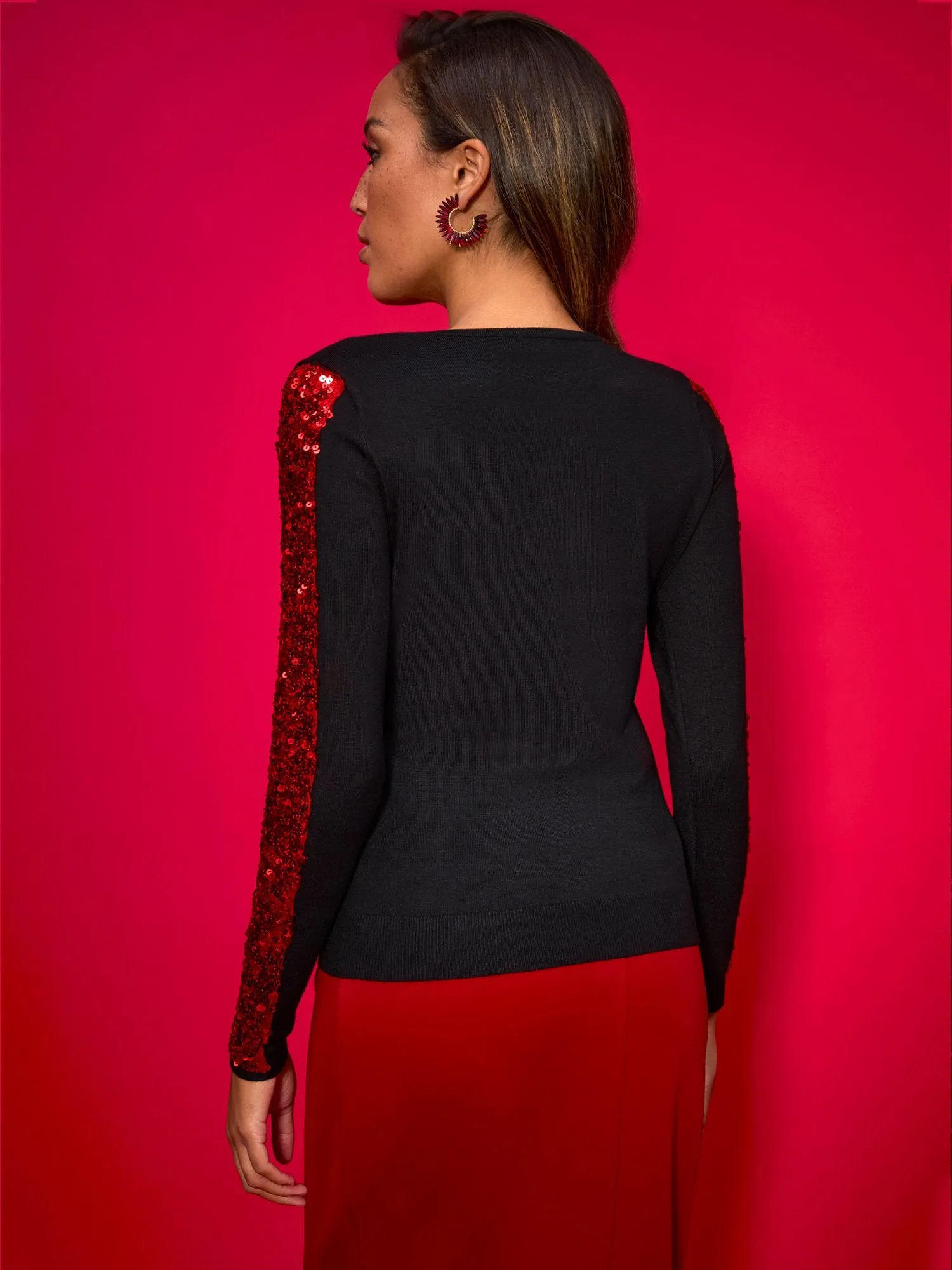 Sequin-Sleeve Pullover Sweater