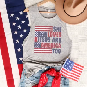 She Loves Jesus and America Too Patriotic BC Muscle Tank Top