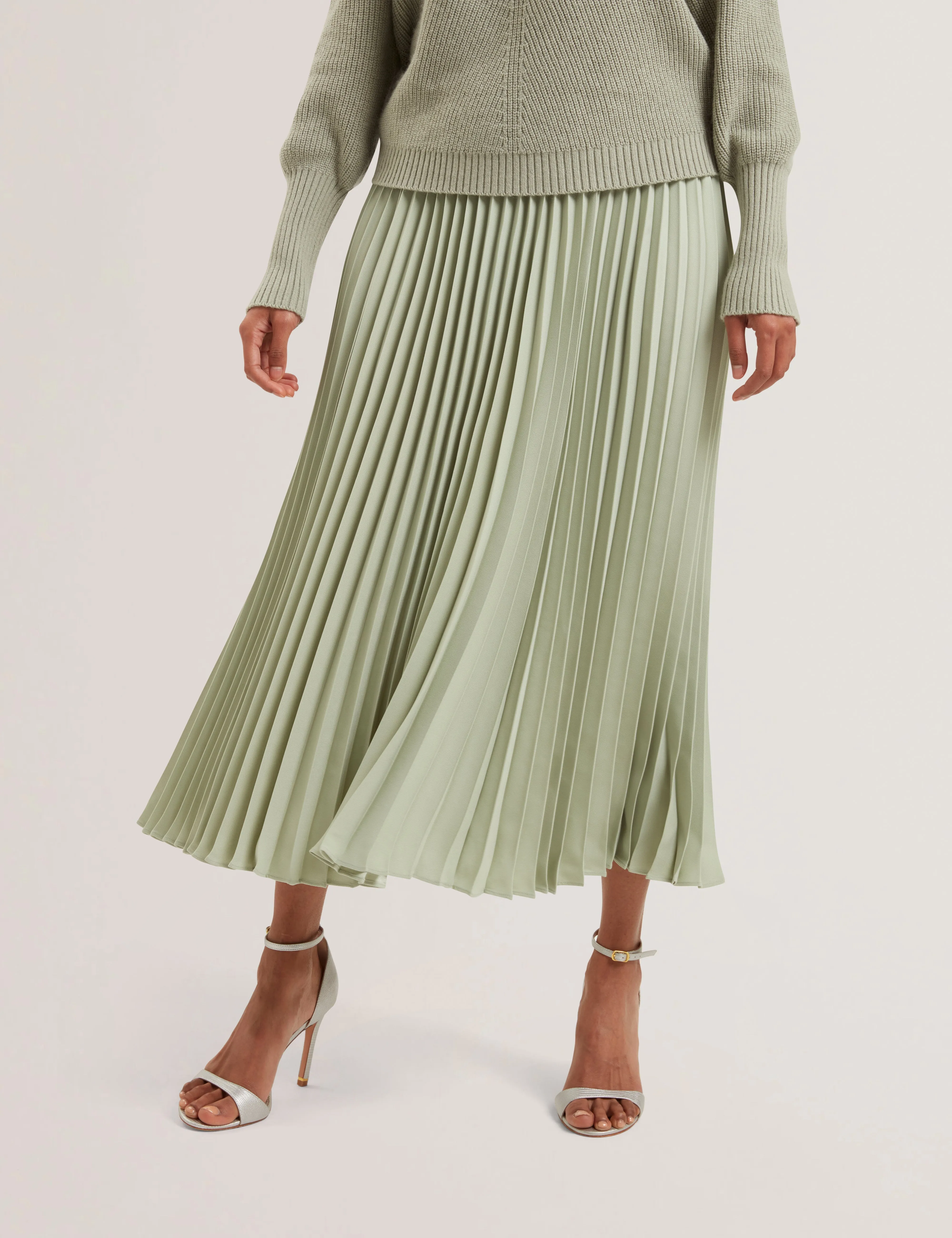 Siko Pleated Midi Elasticated Waistband Skirt Lt-Green