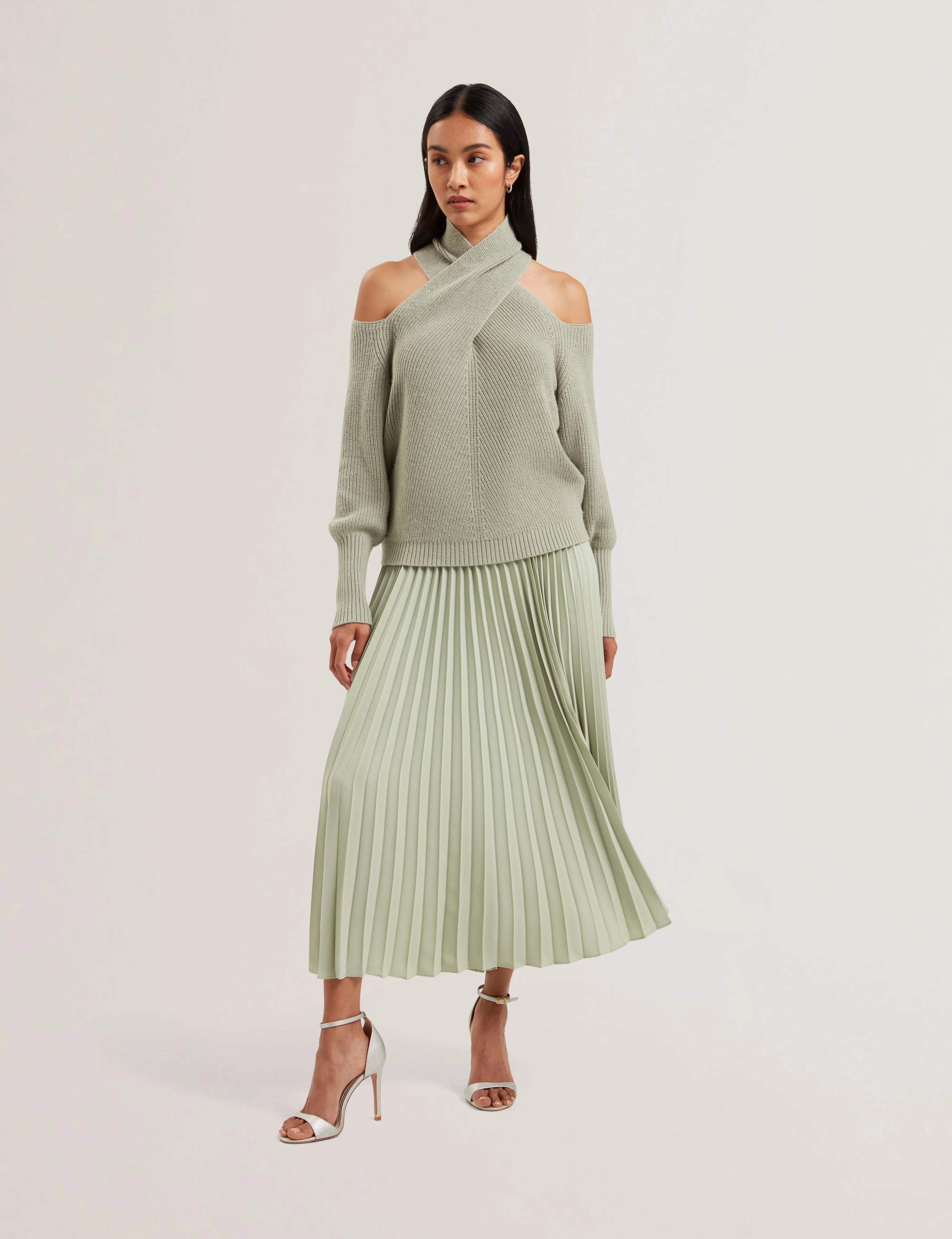 Siko Pleated Midi Elasticated Waistband Skirt Lt-Green