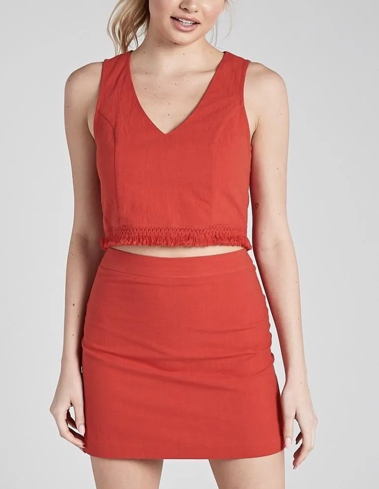 Sleeveless Fringe Hem V Neck Crop Top