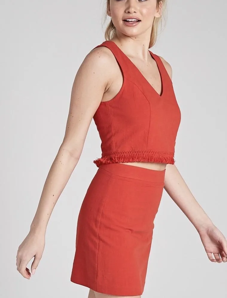 Sleeveless Fringe Hem V Neck Crop Top